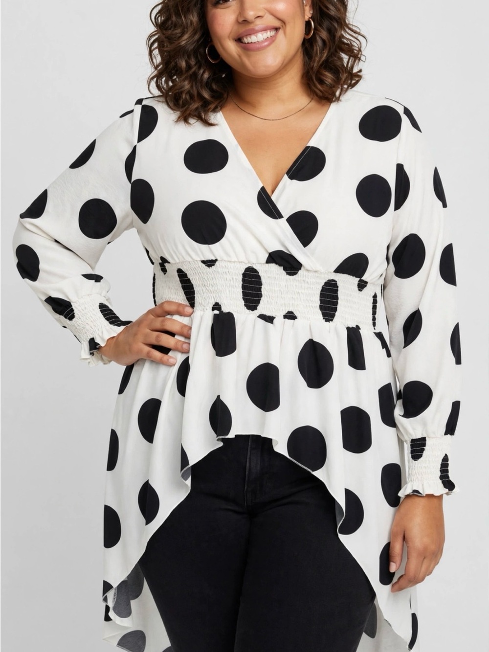 Polka Dot V-Neck Smocked Waist Top - Black/White